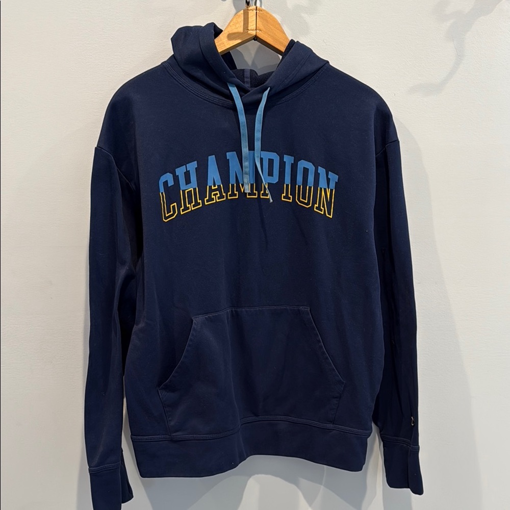 Champion Navy Hoodie with Blue and Yellow Lettering